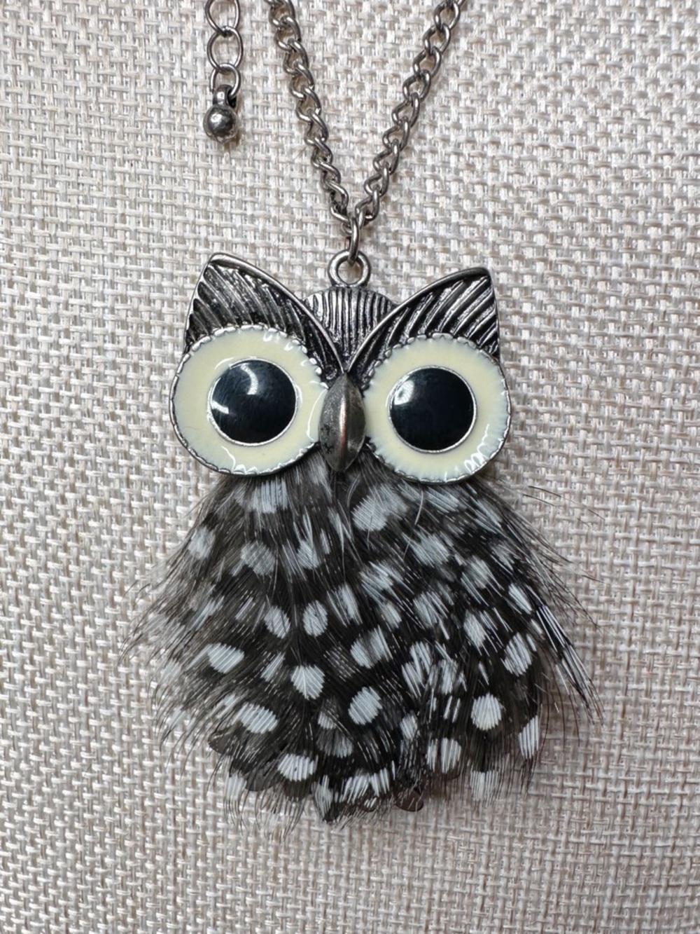 Owl Pendant Necklace - Black & White Feather Charm - Picture 2 of 4